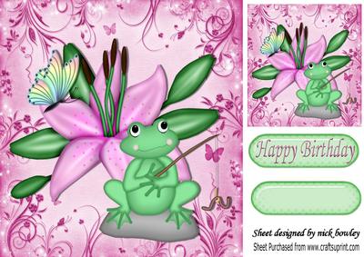 Little Green Frog with Pink Lily and Butterfly 8x8