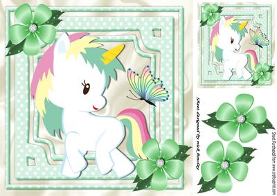 Cute Rainbow Unicorn, with Pretty Flowers and Butterfly 8x8