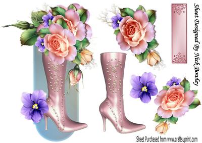 Pretty Pink Boot, with Roses on a Plaque