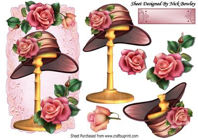 Vintage Hat on Stand with Summer Roses on a Plaque