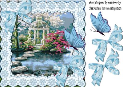 Pretty Japanes Garden with Waterfall and Butterflies 8x8