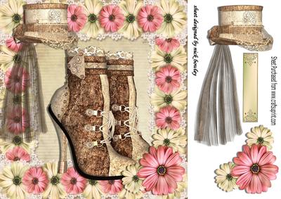 Pretty Vintage Hat with Lace Boots and Flowers 8x8