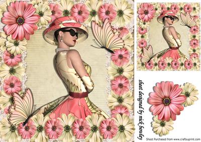 Elegant Lady in Hat with Cream/pink Flowers 8x8