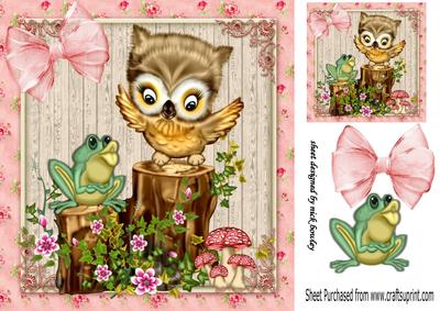 Cute Owl and Frog Sitting on a Floral Log 8x8