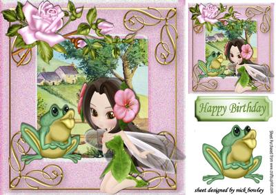 Faerie with Frog, Cotage in the Meadow 8x8
