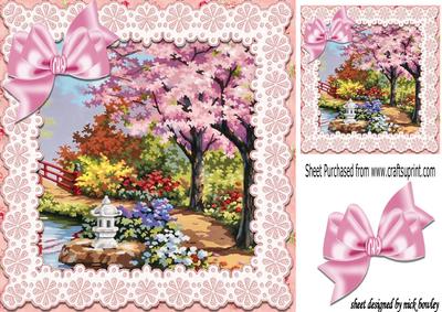 Pretty Pink Blossoms in Japanese Garden with Lace 8x8