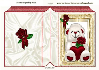 Cute Cuddly White Love Bear with Heart and Roses Folded Book