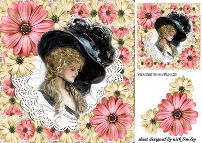 Elegant Lady on Lace Doilie with Flowers 8x8