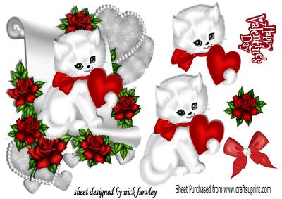 Cute Little White Kitten with Roses on a Scroll
