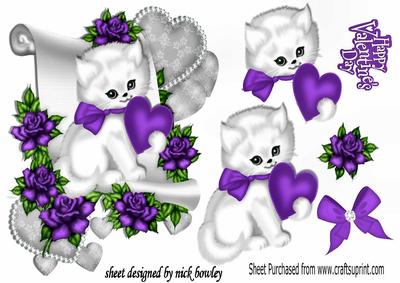 Cute Little White Kitten with Purple Roses on a Scroll