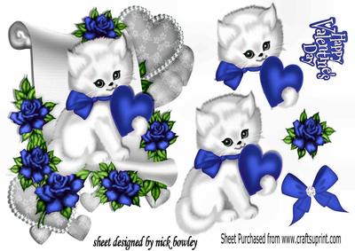 Cute Little White Kitten with Blue Roses on a Scroll