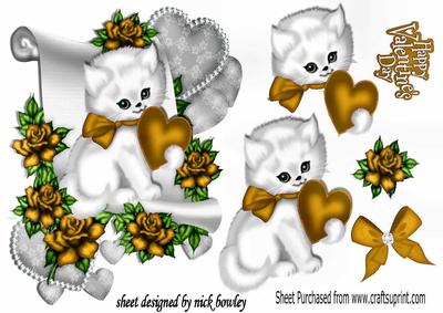 Cute Little White Kitten with Gold Roses on a Scroll