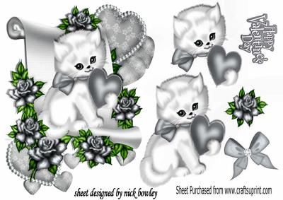 Cute Little White Kitten with Silver Roses on a Scroll