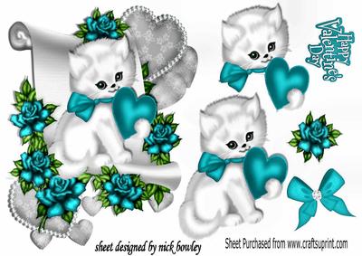 Cute Little White Kitten with Turq Roses on a Scroll