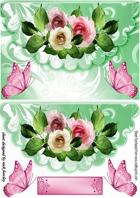 Pretty Garden Roses on Scalloped Envelope with Butterflies