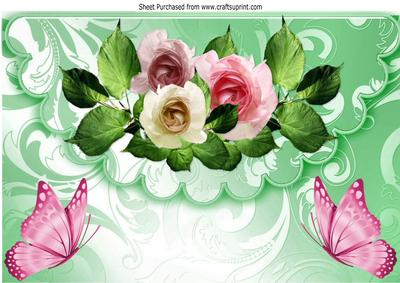 Pretty Garden Roses on Scalloped Envelope,butterflies A4