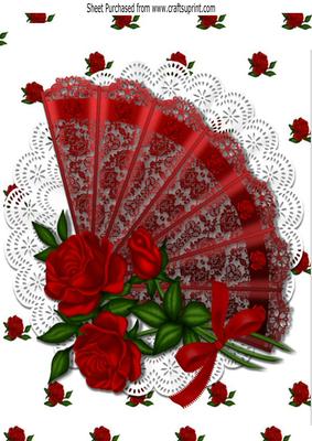 Pretty Lace Fan with Red Roses and Bow A4