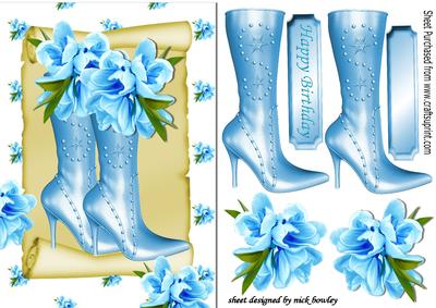 Pretty Exotic Blue Flowers with Boots on a Scroll