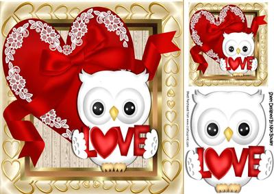 Cute White Love Owl with Red Lace Heart 8x8