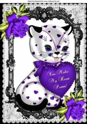 You Make My Heart Purrrrrrrrr! Kitty with Purple Roses A4