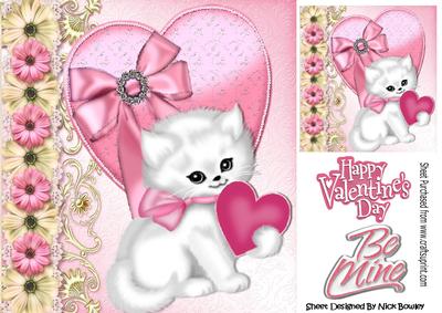 Cute White Kitty with Pink Heart and Flowers 8x8