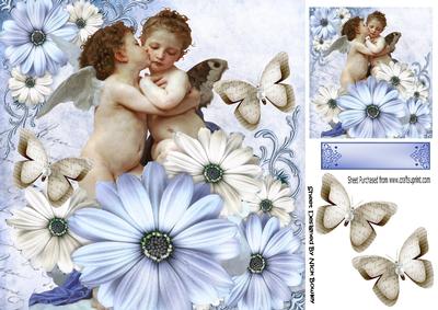 Innocence Sweet Cherubs on a Cloud with Blue Flowers 8x8