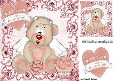 Love You with All My Heart Angel Bear with Roses 8x8