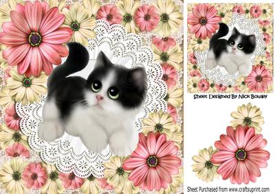 Pretty Kitten in Pink and Cream Flowers 8x8