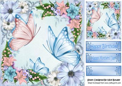 Pretty Butterflies with Pink and Blue Flowers 8x8