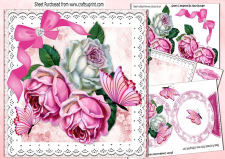 Pretty Pink and White Roses with Bows and Lace 8x8 Kit