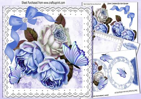 Pretty Blue and White Roses with Bows and Lace 8x8 Kit
