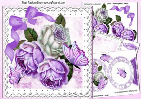 Pretty Purple and White Roses with Bows and Lace 8x8 Kit