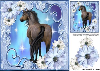 Pretty Flowers in Ornate Frame with a Beautiful Horse 8x8