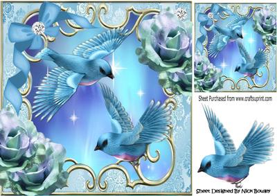 Blue Birds, with Rainbow Roses, Diamonds and Bow 8x8