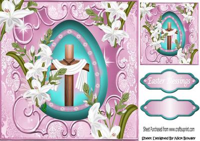 Pretty Turq Egg, with Cross and White Lillies 8x8