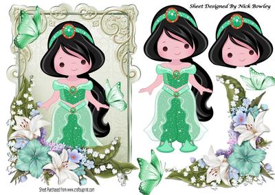 Pretty Princess in Green with Butterflies and Flowers