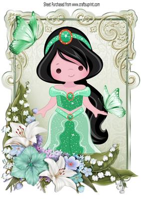 Pretty Princess in Green with Butterflies and Flowers A4