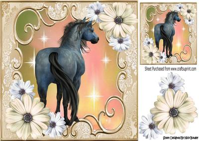 Pretty Peach/cream Flowers with a Horse 8x8