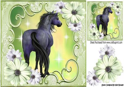 Pretty Green/cream Flowers with a Horse 8x8