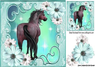 Pretty Turq/cream Flowers with a Horse 8x8