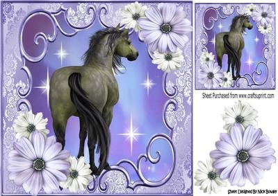 Pretty Purple/cream Flowers with a Horse 8x8
