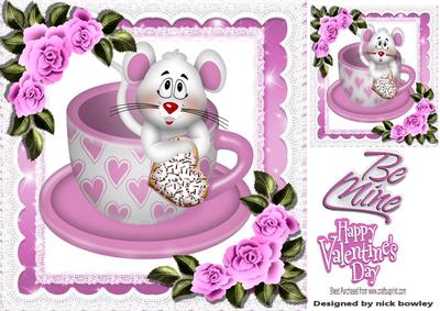 Cute Mouse in a Teacup with Cerise Pink Roses and Heart 8x8