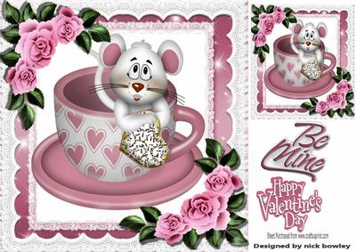 Cute Mouse in a Teacup with Rose Blush Corner Roses 8x8