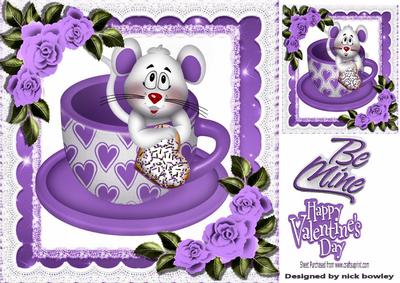 Cute Mouse in a Teacup with Purple Roses and Heart 8x8