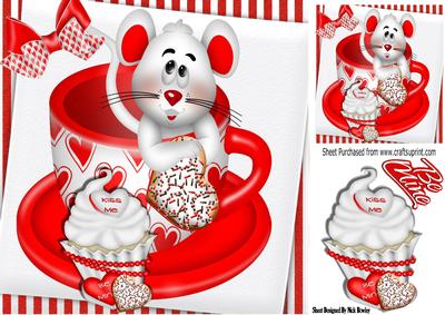 Little Mouse in Red Heart Teacup with Cupcake 8x8