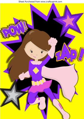 Pow! Zap! Super Girl in Purple with Funky Stars A4
