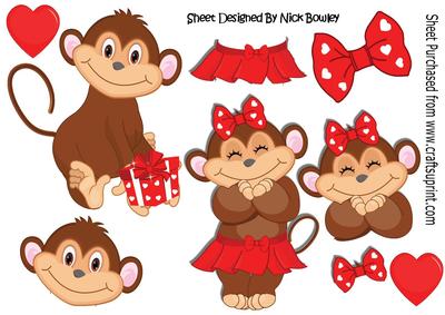 Cute Monkey Love in Red with Hearts A4
