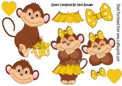 Cute Monkey Love in Gold with Hearts A4
