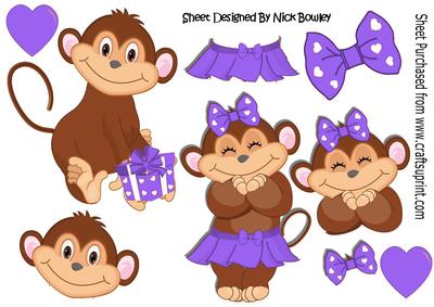 Cute Monkey Love in Purple with Hearts A4
