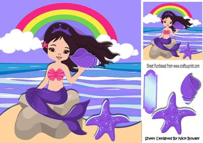Pretty Mermaid Sitting on a Rock Holding a Purple Shell 8x8